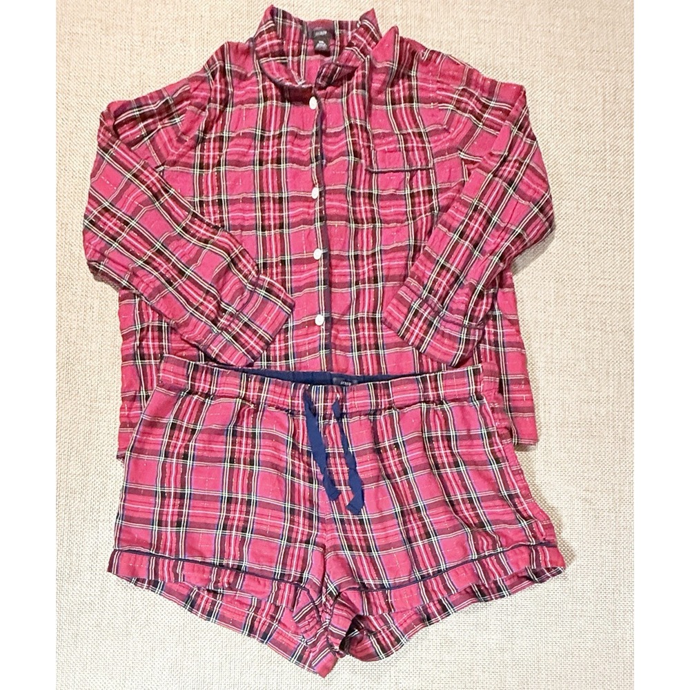 J Crew Flannel Pajama Short Set XXL Good Tidings Red Tartan‎ Plaid Lounge